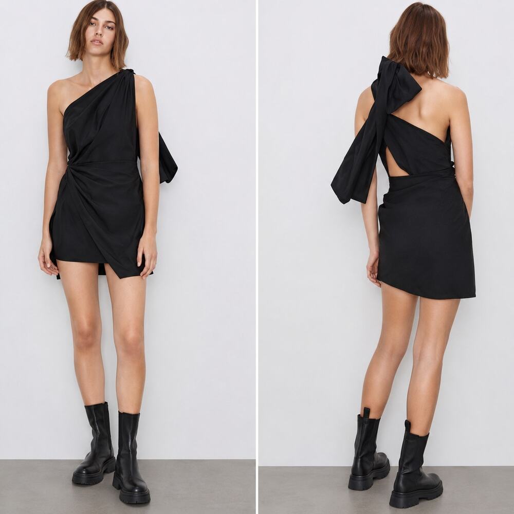 NWT Zara One Shoulder Bow Back Asymmetric Mini Dress Dark Brown Size XS